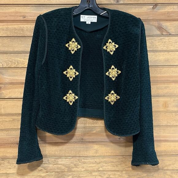 St. John Dark Emerald Green Knit Jacket Gold Tone Embellished Cropped Size 4 Vtg - Picture 2 of 12